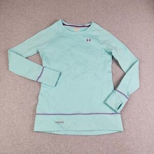 Under Armour Thermal Top Women M Teal Base 2.0 Stretch Crewneck Thumbhole Sleeve